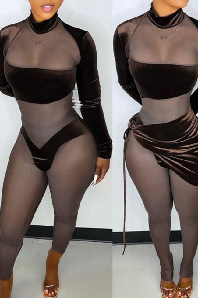Sexy Solid Bandage Split Joint See-through Fold Asymmetrical Long Sleeve Two Pieces