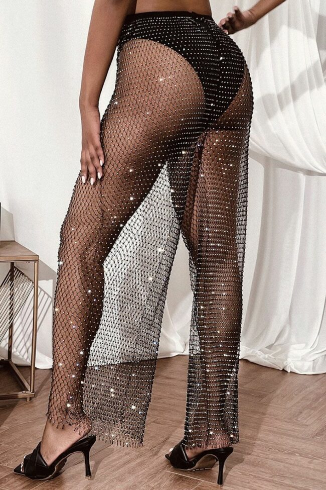 Sexy Solid Split Joint Rhinestone Straight High Waist Straight Solid Color Bottoms