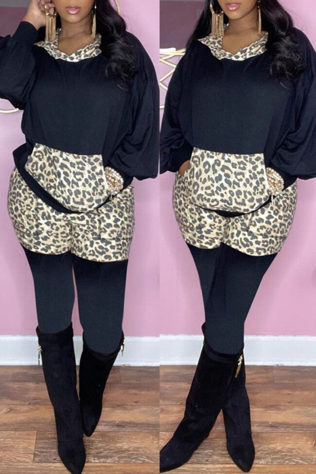 Fashion Casual Print Leopard Draw String Hooded Collar Long Sleeve Two Pieces