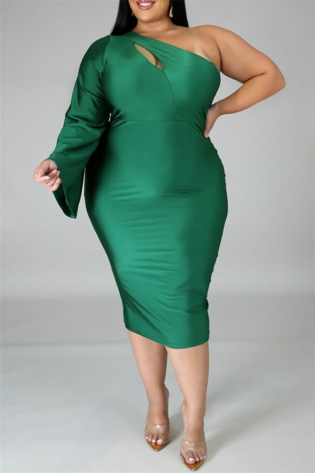 Fashion Sexy Solid Hollowed Out Backless Oblique Collar Long Sleeve Plus Size Dresses