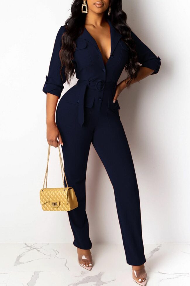 Fashion Casual Solid Pocket With Belt Turndown Collar Regular Jumpsuits