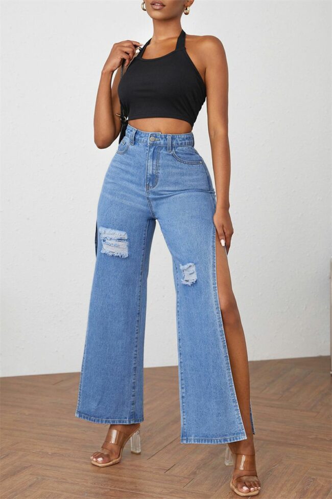 Fashion Casual Solid Slit High Waist Regular Denim Jeans