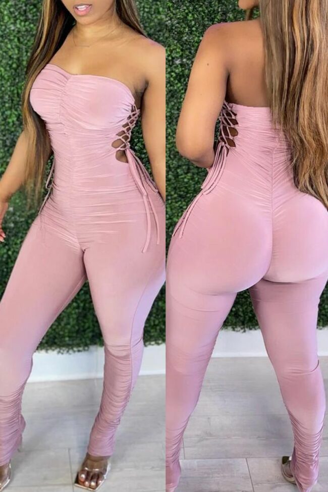 Sexy Casual Solid Bandage Backless Fold Strapless Skinny Jumpsuits