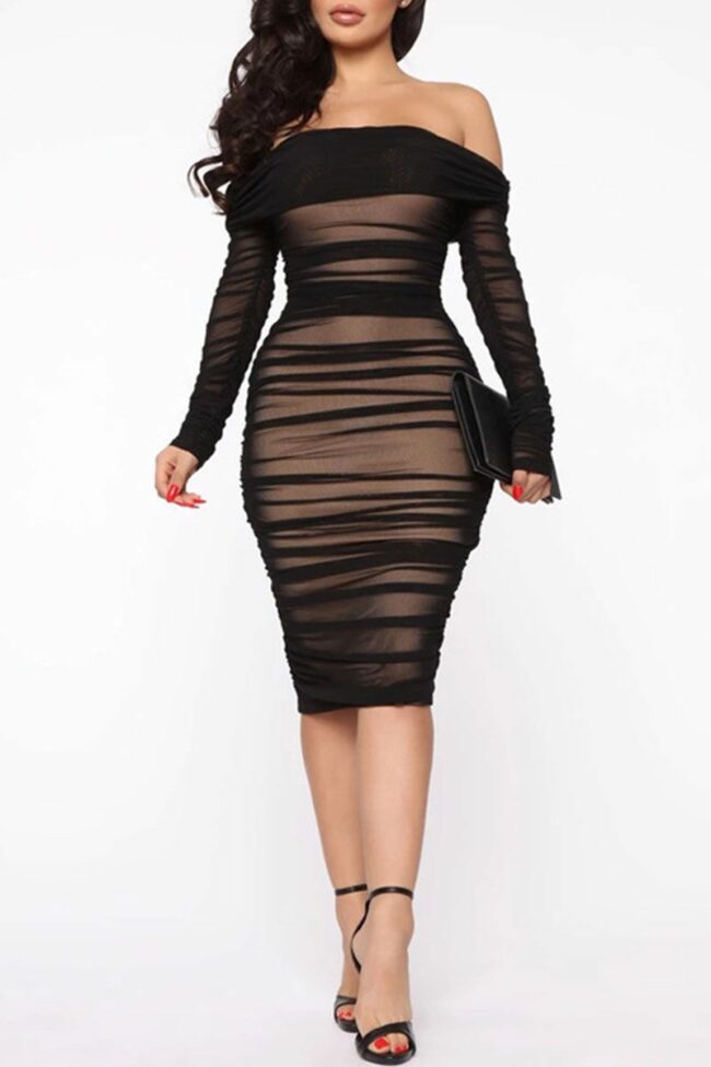Sexy Solid Split Joint Fold Off the Shoulder One Step Skirt Dresses