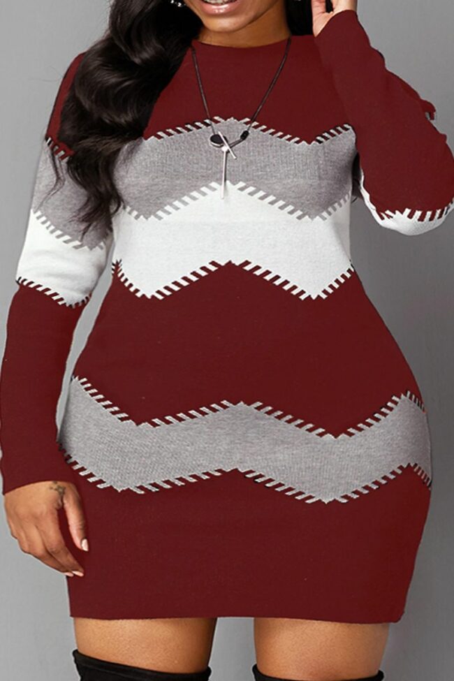 Casual Striped Print Split Joint O Neck Pencil Skirt Plus Size Dresses