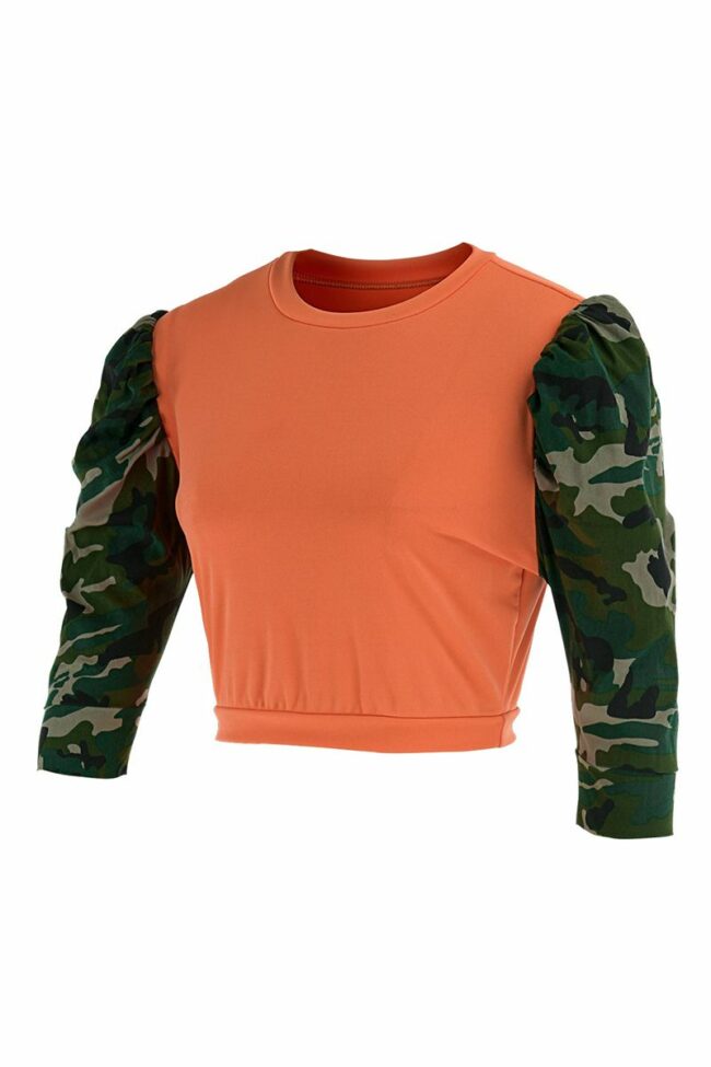 Fashion Casual Camouflage Print Split Joint O Neck Tops