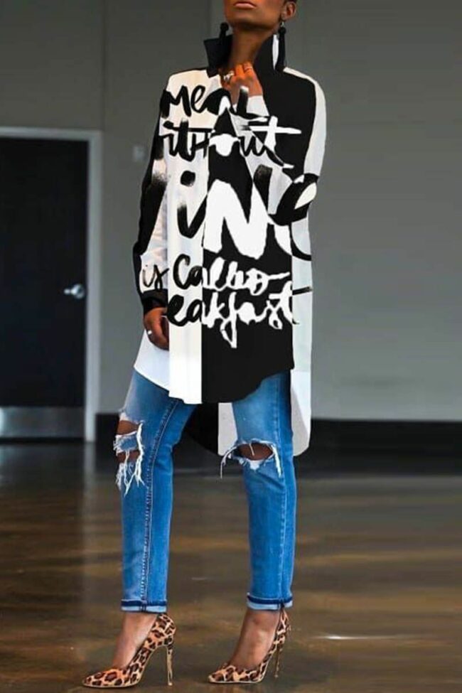 Fashion Casual Print Asymmetrical Turndown Collar Shirt Tops