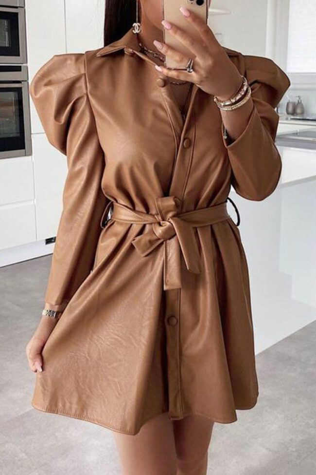 Fashion Casual Solid Split Joint Buckle Turndown Collar A Line Dresses