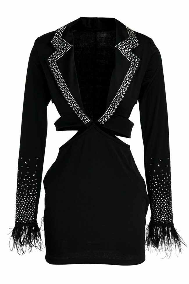 Fashion Sexy Patchwork Hot Drilling Hollowed Out V Neck Long Sleeve Dresses