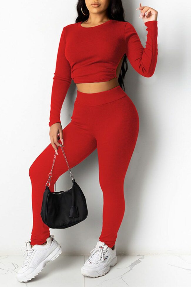 Sexy Solid Split Joint Frenulum Backless O Neck Long Sleeve Two Pieces