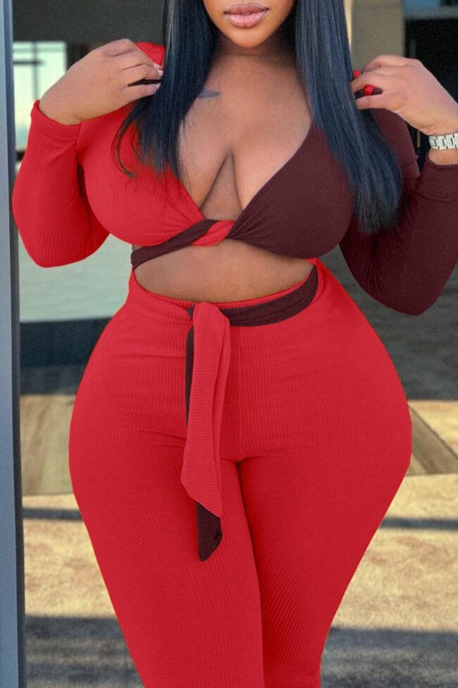 Sexy Solid Bandage Split Joint V Neck Plus Size Two Pieces