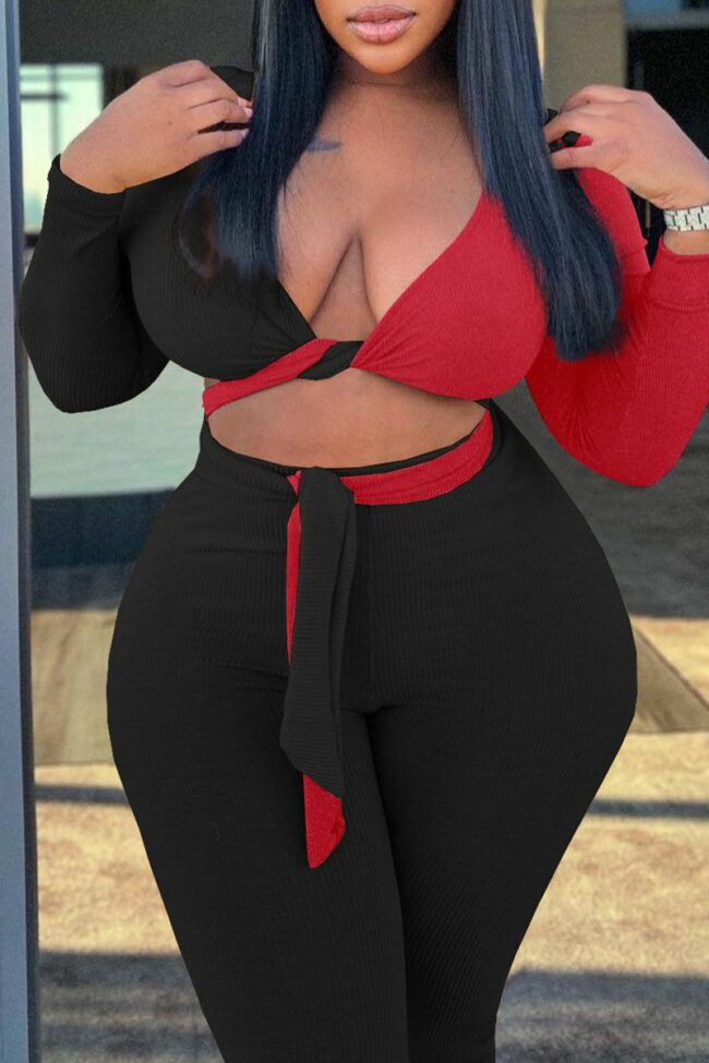 Sexy Solid Bandage Split Joint V Neck Plus Size Two Pieces