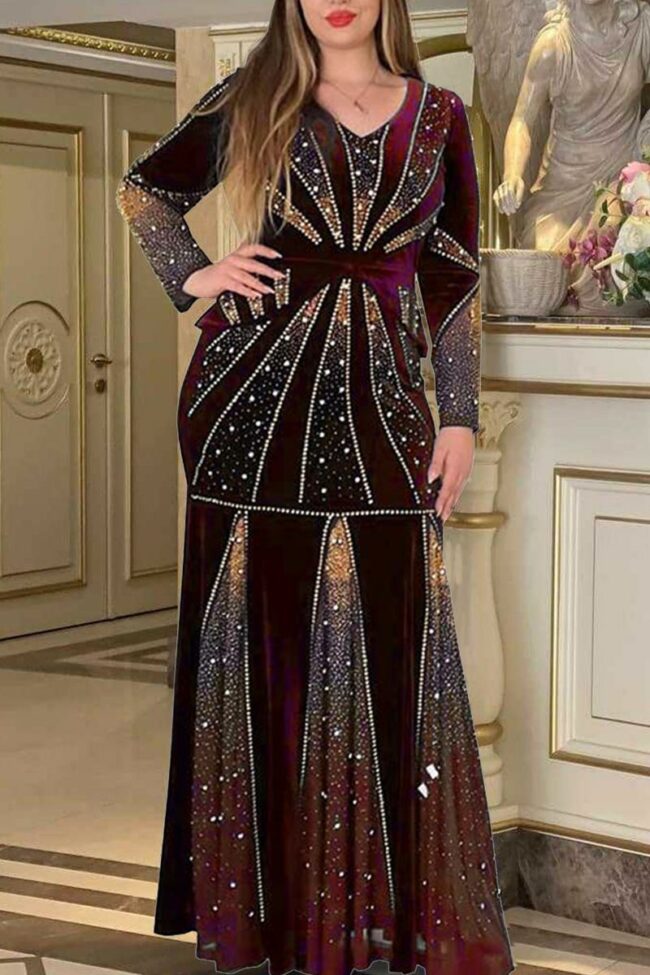 Fashion Patchwork Hot Drill V Neck Long Sleeve Plus Size Dresses