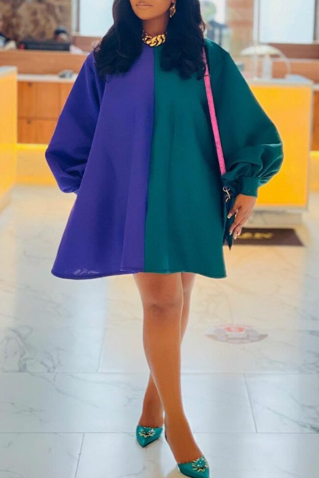Fashion Casual Solid Split Joint O Neck Long Sleeve Plus Size Dresses