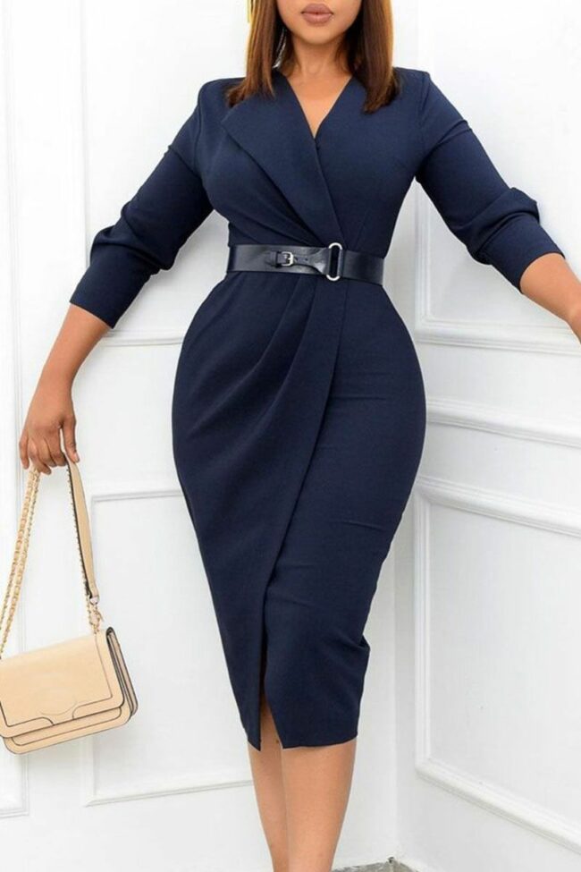 Elegant Solid Split Joint With Belt Turn-back Collar One Step Skirt Dresses