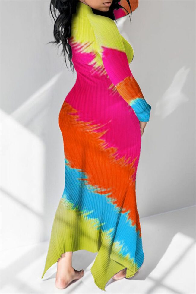 Fashion Casual Print Asymmetrical Turtleneck Long Sleeve Dresses