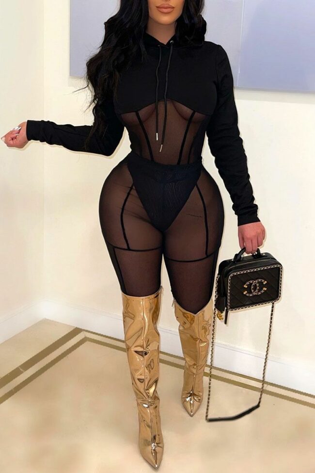 Fashion Sexy Solid See-through O Neck Long Sleeve Two Pieces