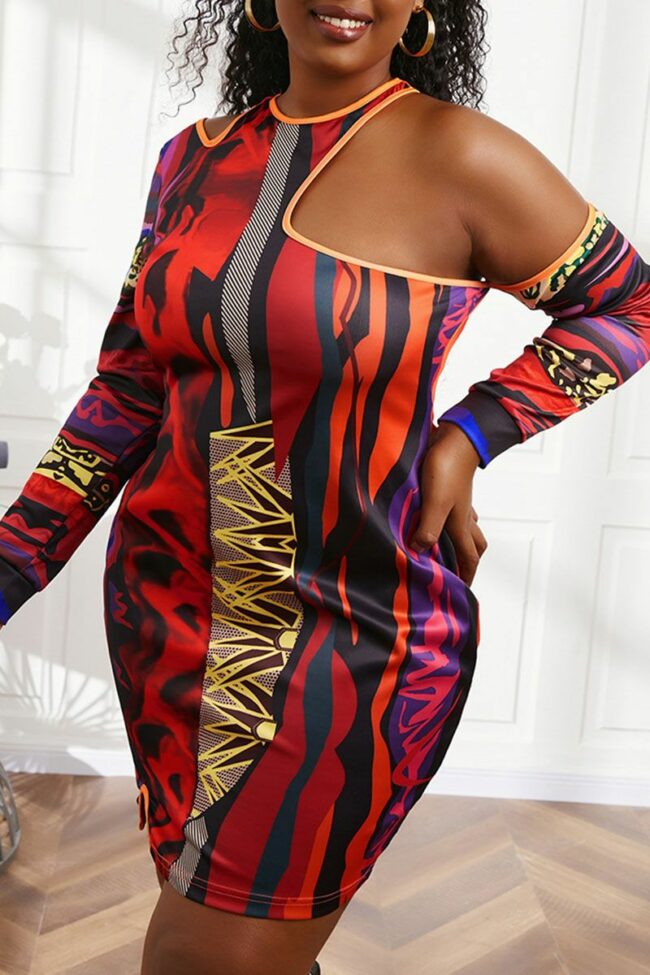 Sexy Print Hollowed Out Split Joint Asymmetrical O Neck One Step Skirt Plus Size Dresses