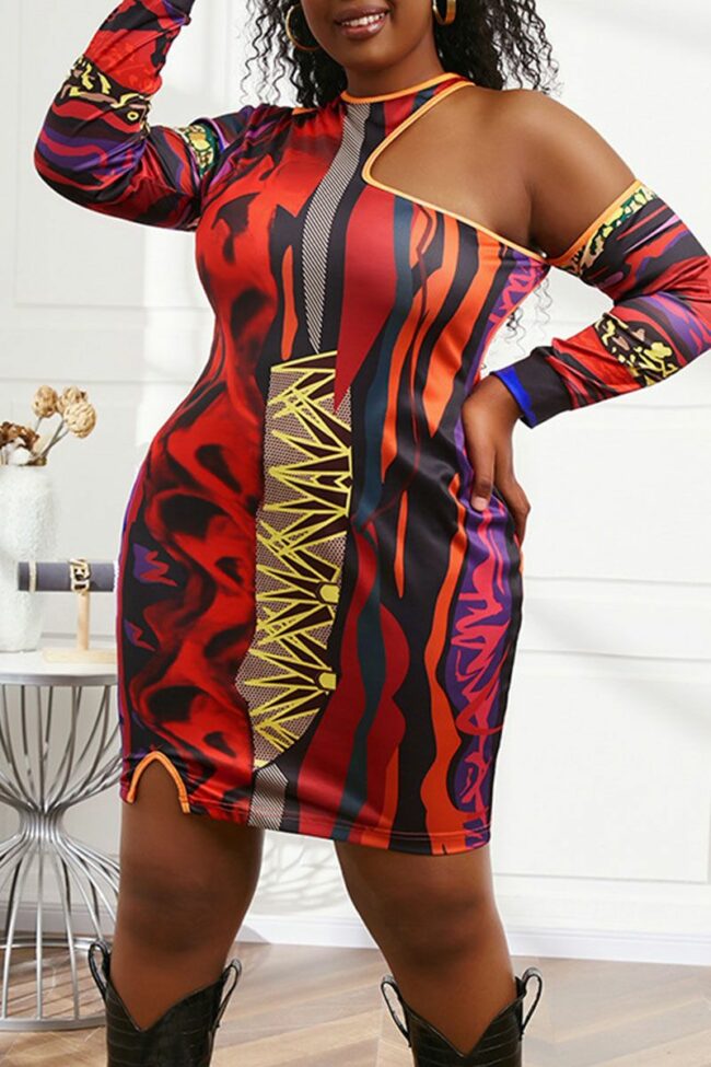 Sexy Print Hollowed Out Split Joint Asymmetrical O Neck One Step Skirt Plus Size Dresses
