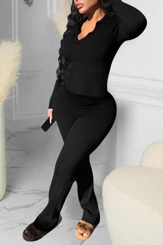 Casual Solid Split Joint V Neck Long Sleeve Two Pieces