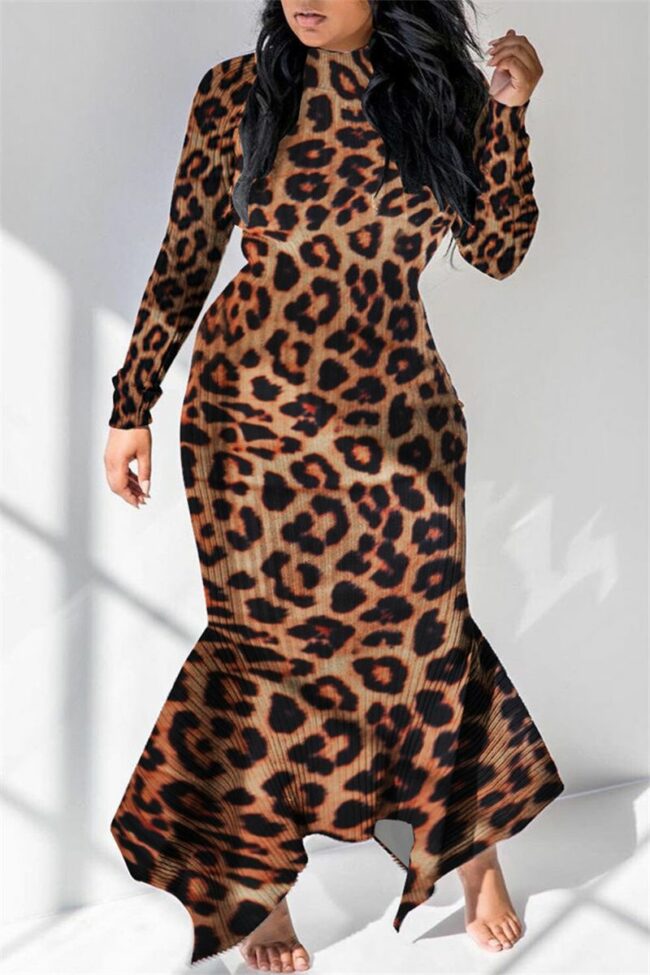 Fashion Casual Print Asymmetrical Turtleneck Long Sleeve Dresses