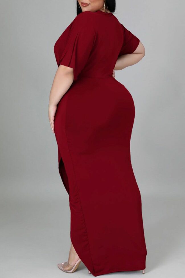 Sexy Solid Split Joint Asymmetrical V Neck Straight Plus Size Dresses