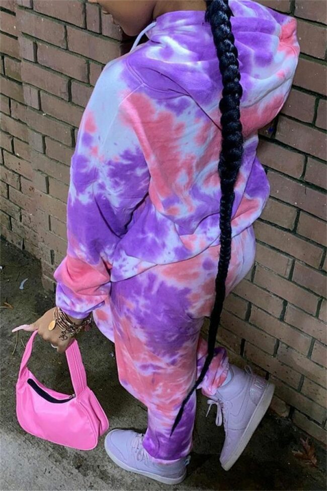 Fashion Casual Letter Print Tie-dye Hooded Collar Long Sleeve Two Pieces