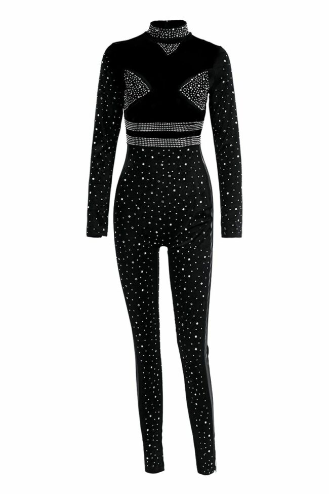 Fashion Sexy Patchwork Hot Drilling Split Joint Turtleneck Skinny Jumpsuits
