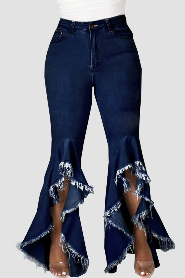 Fashion Casual Solid Split Joint High Waist Regular Denim Jeans