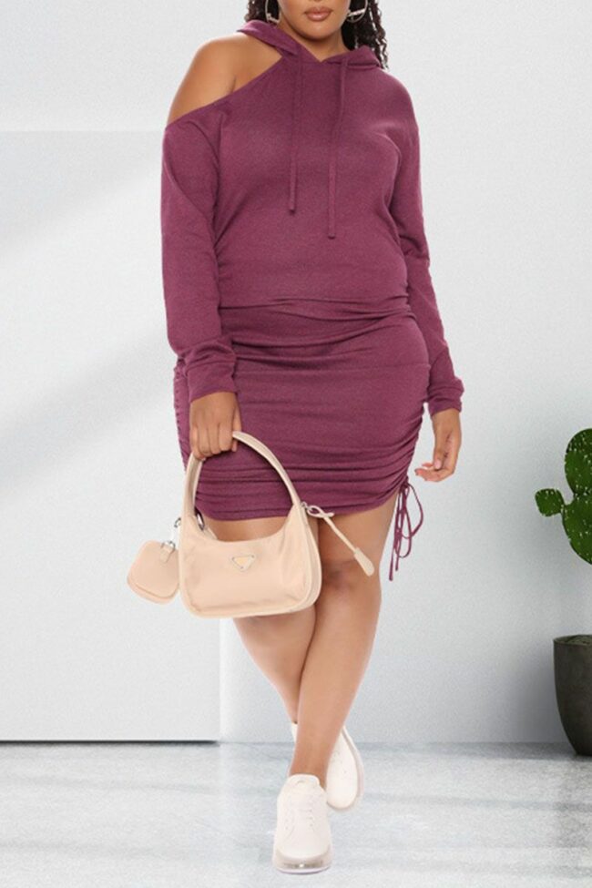 Casual Solid Hollowed Out Split Joint Frenulum Fold Hooded Collar One Step Skirt Dresses