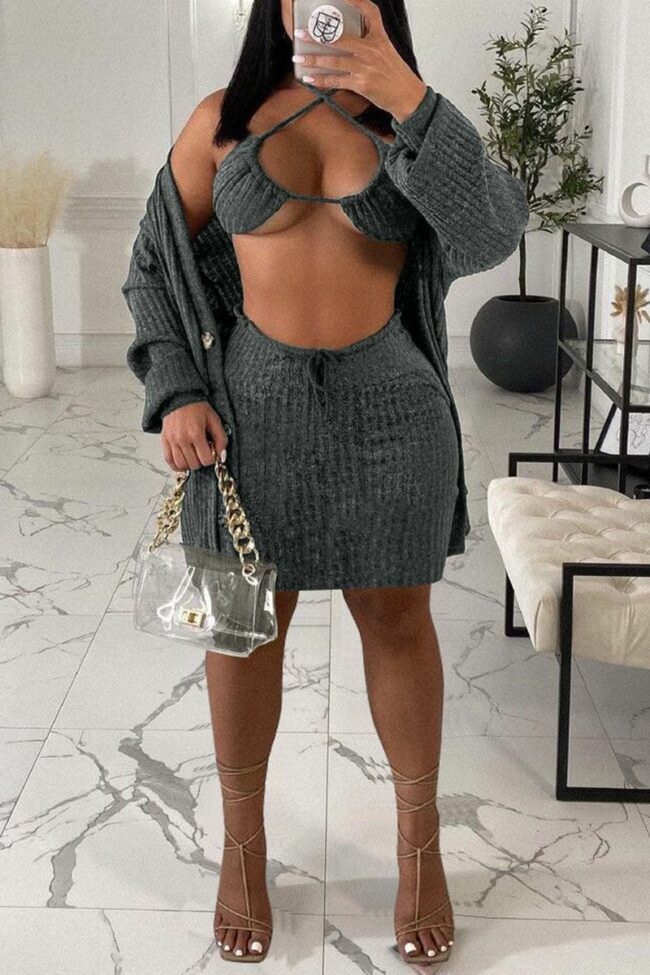 Sexy Solid Split Joint Halter Long Sleeve Three Pieces