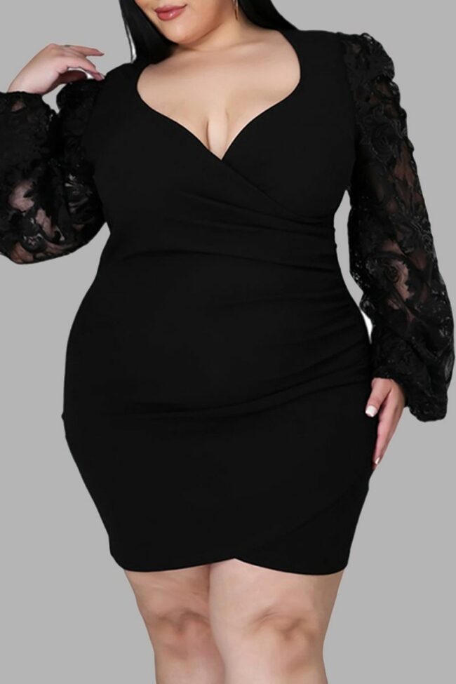Fashion Sexy Patchwork See-through V Neck Long Sleeve Plus Size Dresses