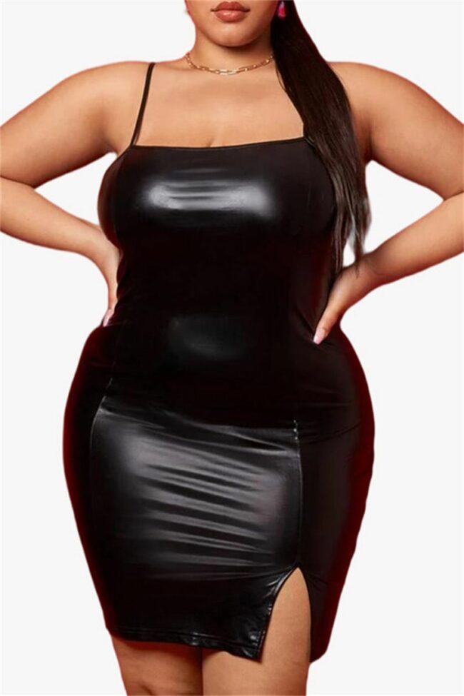 Sexy Casual Plus Size Solid Backless Slit Spaghetti Strap Sleeveless Dress