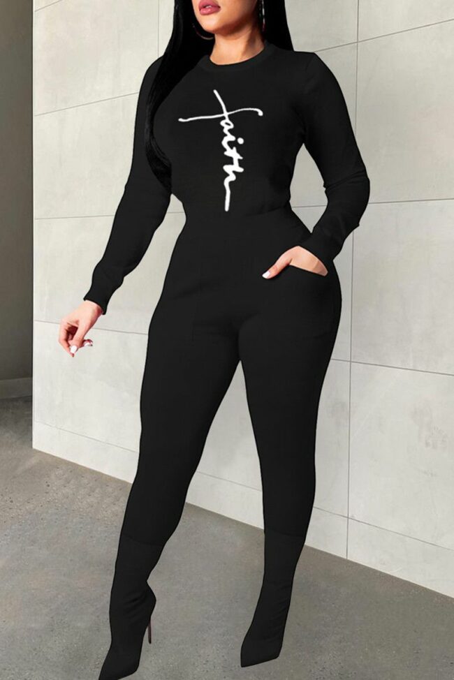Fashion Casual Print Basic O Neck Long Sleeve Two Pieces