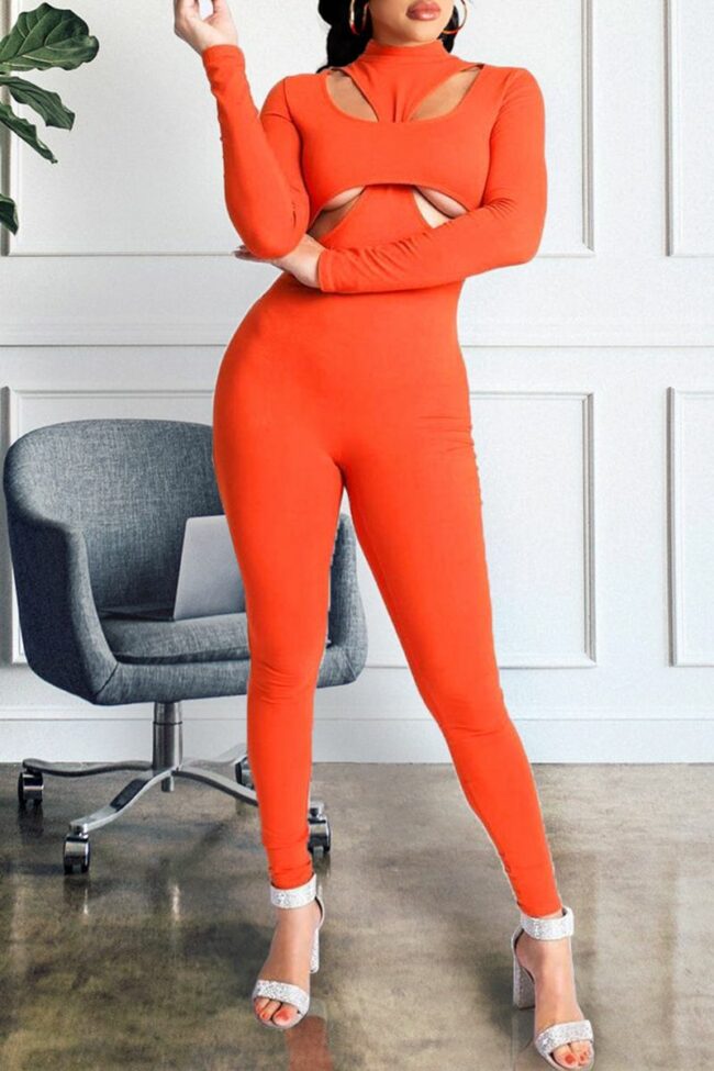 Sexy Casual Solid Hollowed Out Turtleneck Skinny Jumpsuits