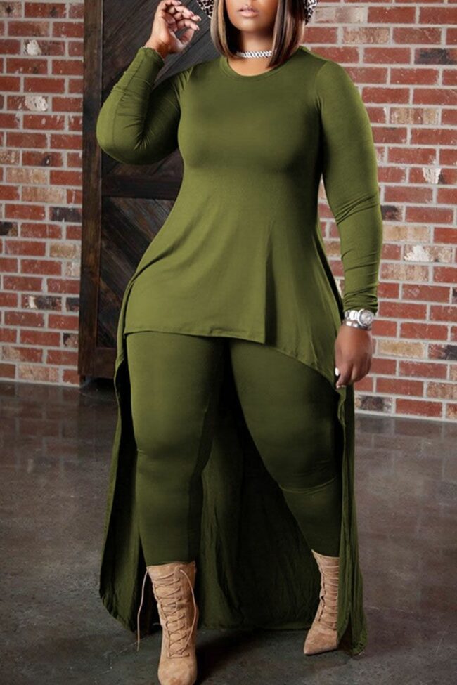 Casual Solid Split Joint Asymmetrical O Neck Plus Size Two Pieces