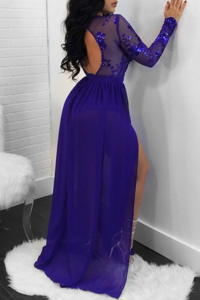 Sexy Patchwork Sequins See-through Slit O Neck Long Sleeve Dresses