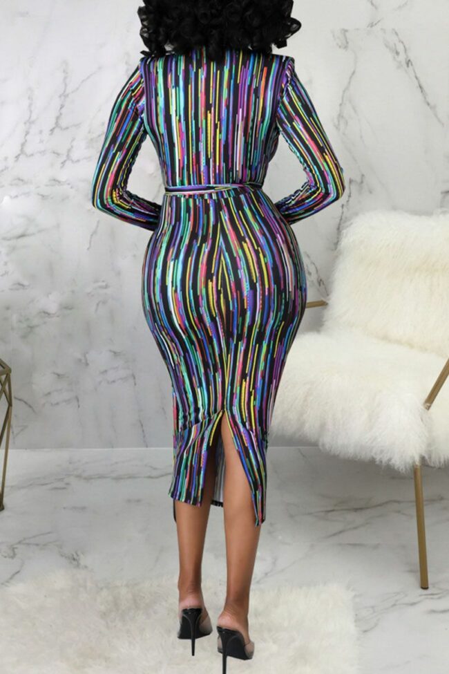 Sexy Striped Print Split Joint With Belt Turndown Collar One Step Skirt Dresses