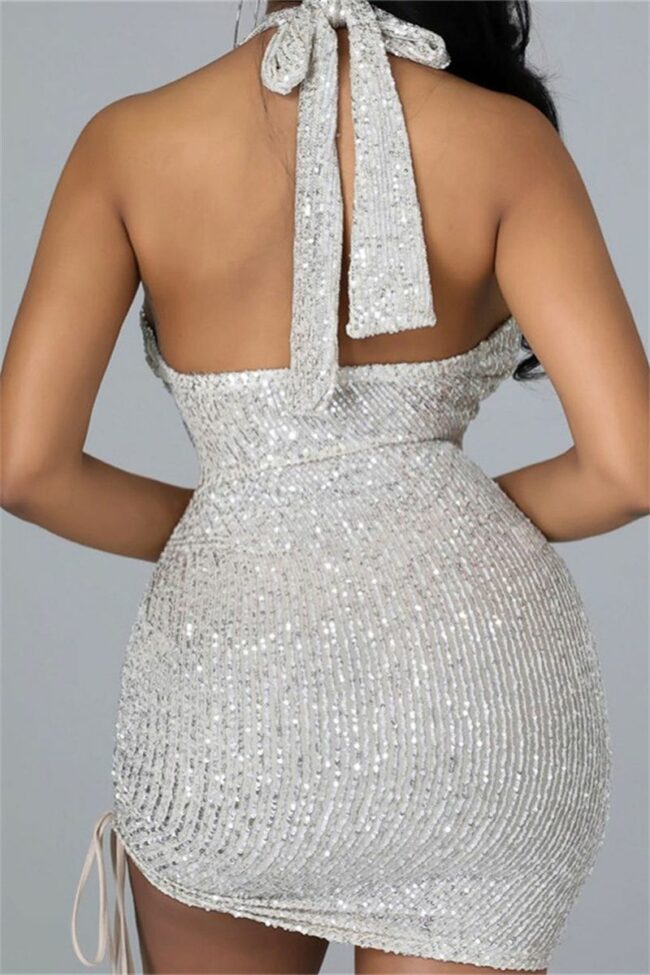 Fashion Sexy Patchwork Hollowed Out Sequins Backless Halter Sleeveless Dress Dresses