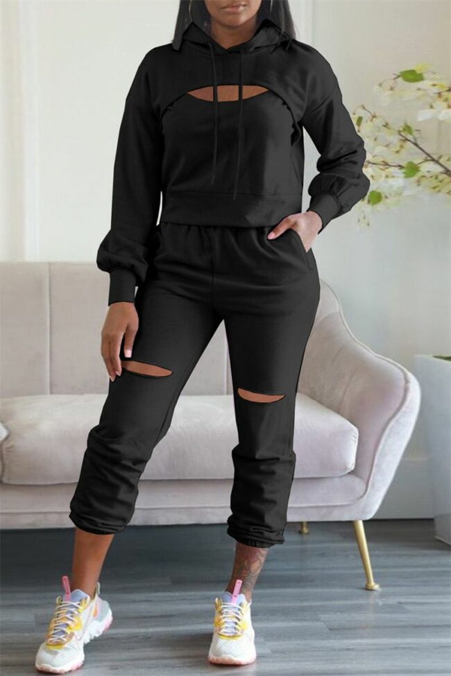 Fashion Casual Solid Ripped Hooded Collar Long Sleeve Two Pieces