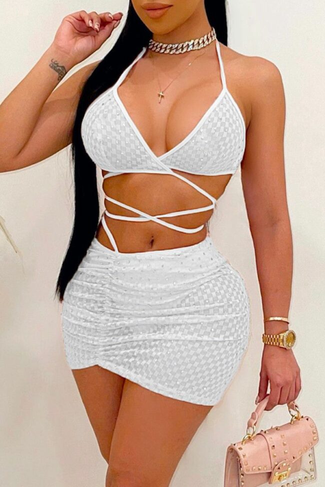 Fashion Sexy Patchwork Bandage Backless Halter Sleeveless Two Pieces