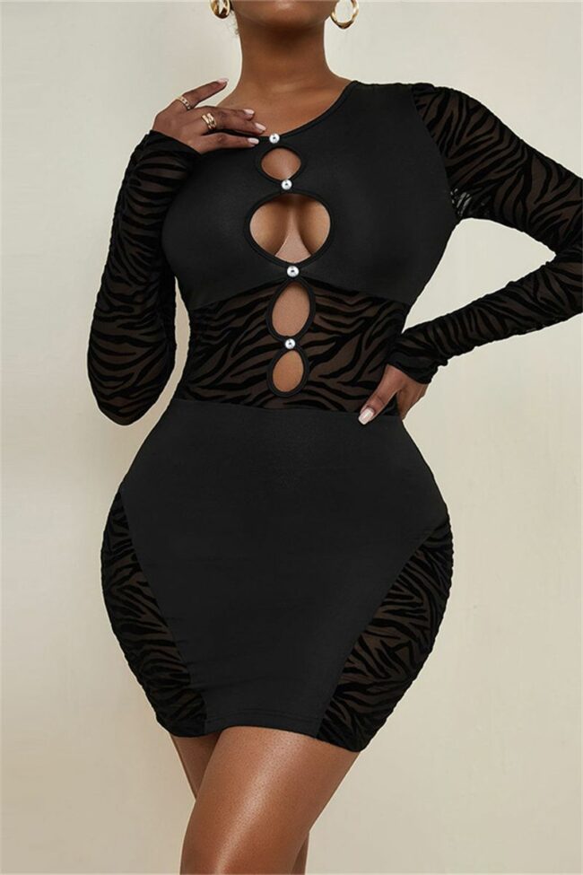 Fashion Sexy Patchwork Hollowed Out See-through O Neck Long Sleeve Dresses