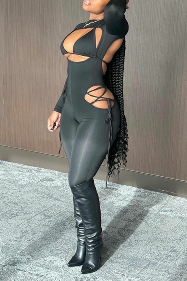 Casual Solid Hollowed Out Split Joint O Neck Skinny Jumpsuits