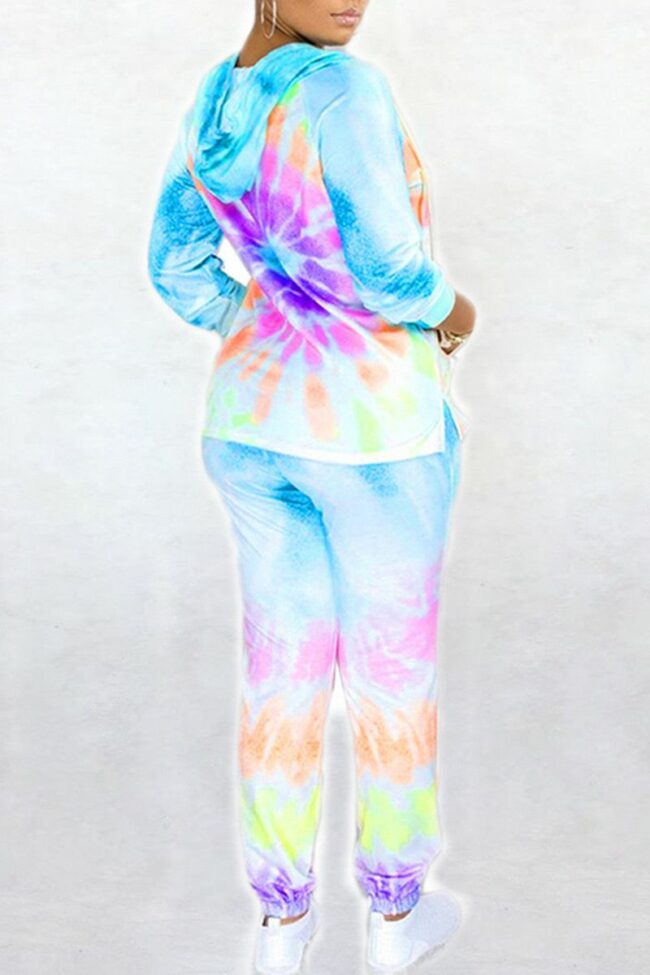 Fashion Casual Tie Dye Printing Hooded Collar Long Sleeve Two Pieces