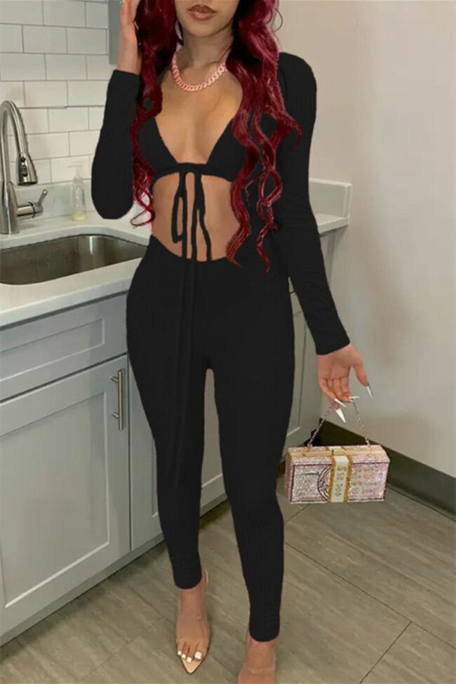 Sexy Casual Solid Bandage Hollowed Out V Neck Skinny Jumpsuits