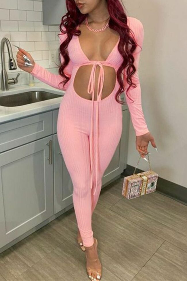 Sexy Casual Solid Bandage Hollowed Out V Neck Skinny Jumpsuits