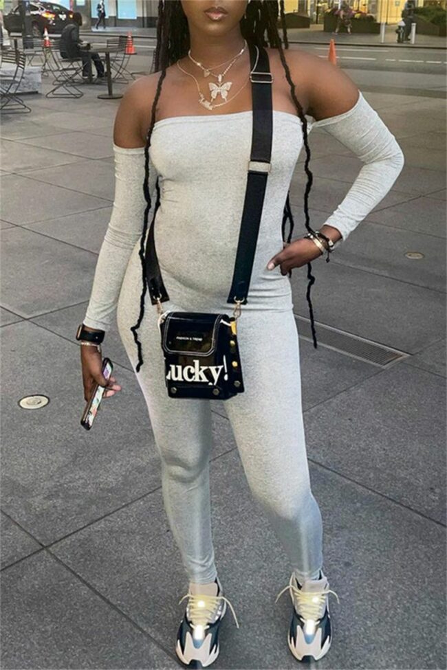 Sexy Casual Solid Backless Off the Shoulder Skinny Jumpsuits