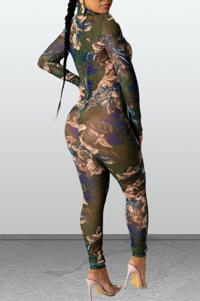 Fashion Sexy Print See-through Turtleneck Regular Jumpsuits