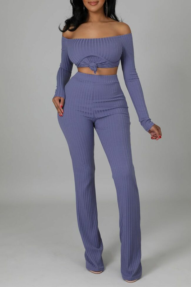 Casual Solid Split Joint Slit Off the Shoulder Long Sleeve Two Pieces