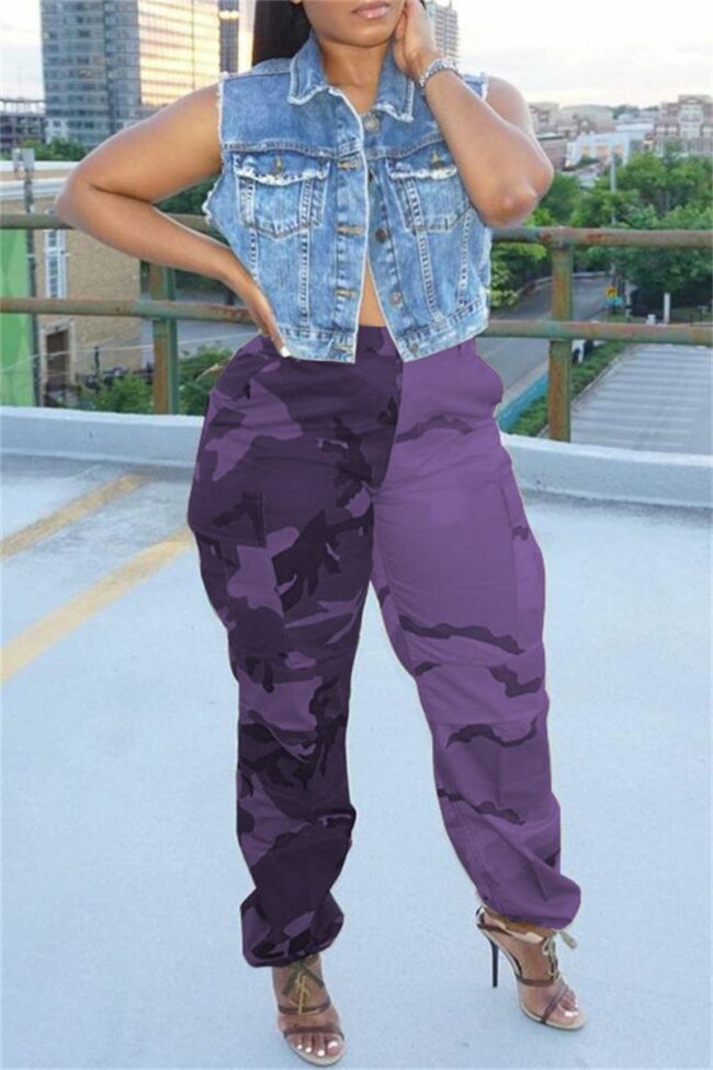 Fashion Casual Camouflage Print Split Joint Regular High Waist Trousers